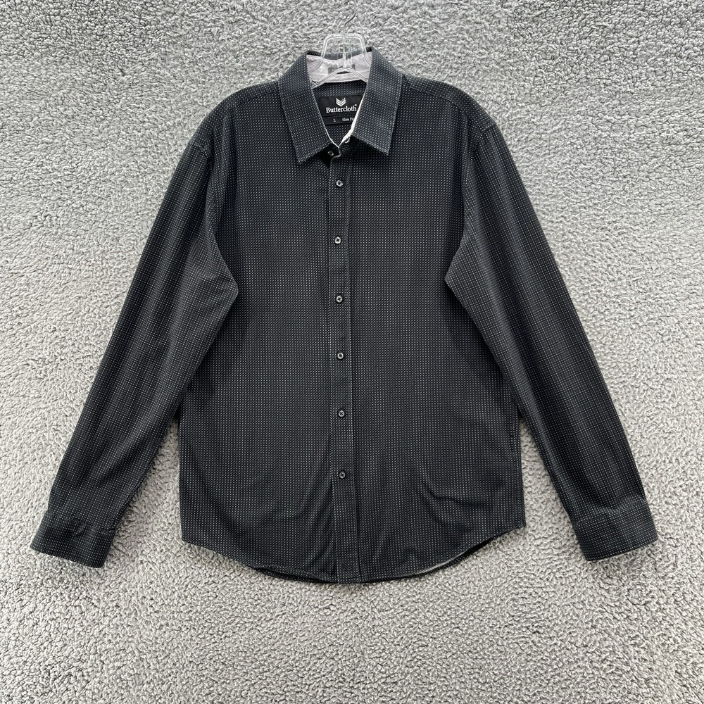 Buttercloth Shirt Mens Large Gray Dot Slim Fit Stretch Icy Cotton Knit Button Up
